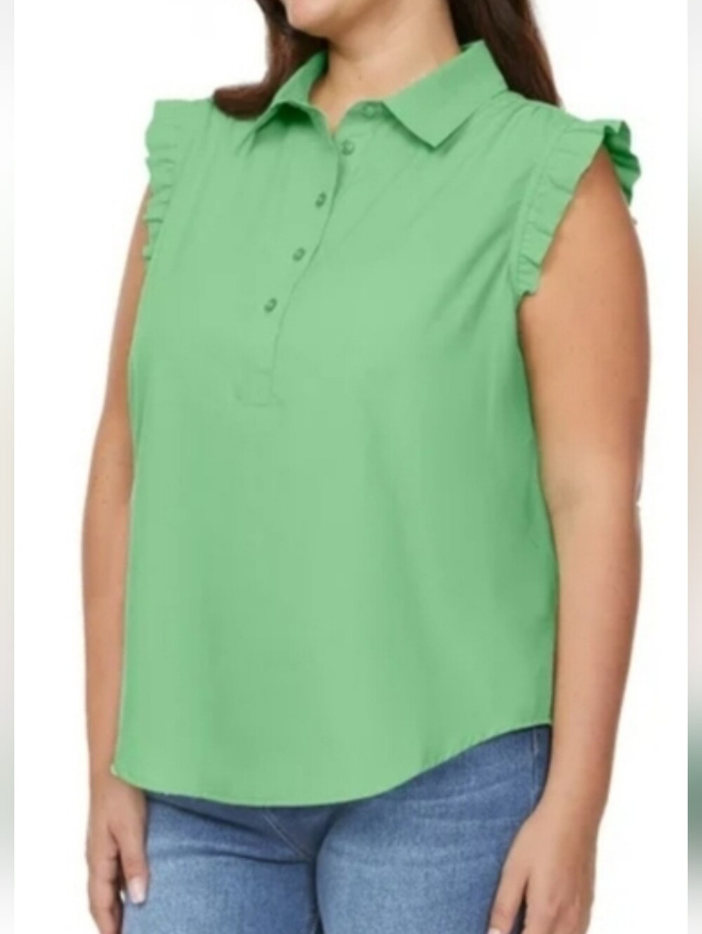 LOFT XXL  Sleeveless Ruffle-Trim Polo Top in Green
